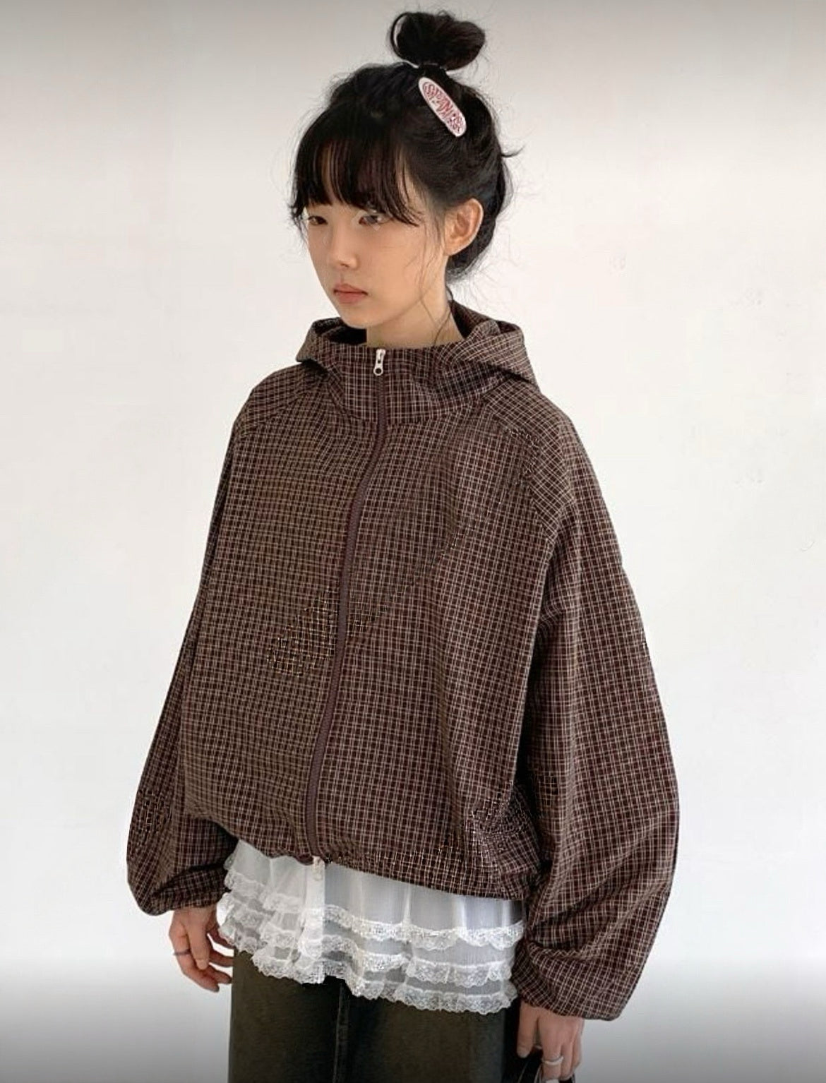 KR 街頭風小格紋雙拉鍊泡泡外套