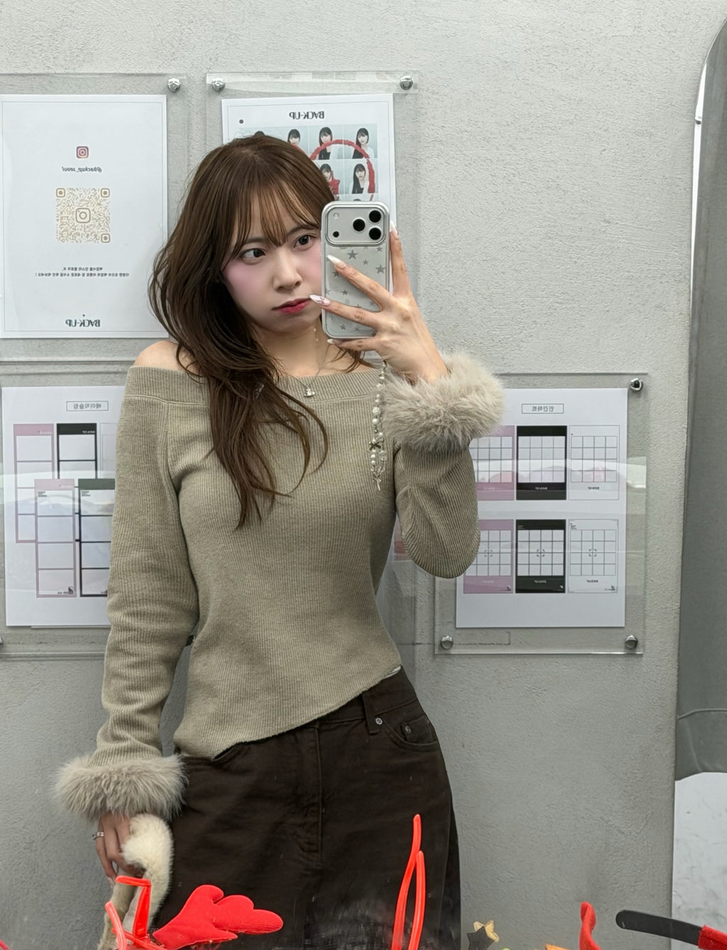 KR 毛毛䄂一字肩+小圍巾套裝