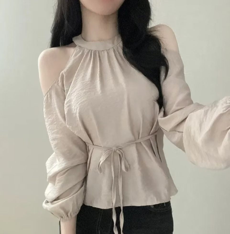 KR 溫柔氣質爆登款 圓領露肩修腰Top