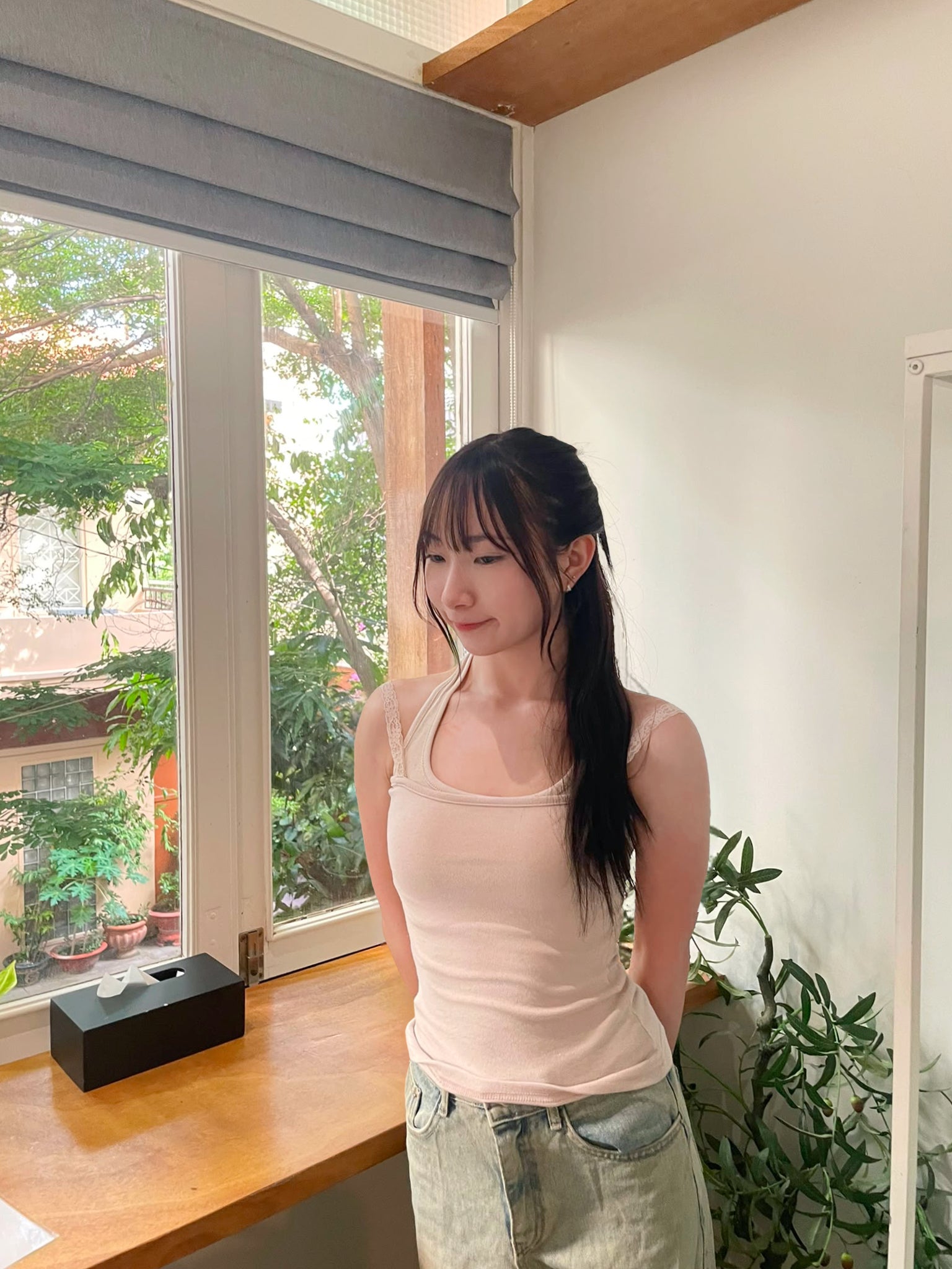 KR 蕾絲雙帶拼色假2件背心