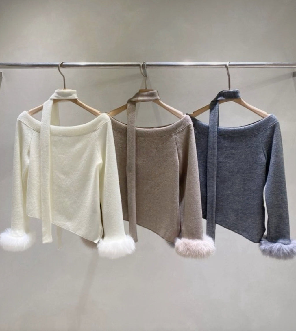 KR 毛毛䄂一字肩+小圍巾套裝