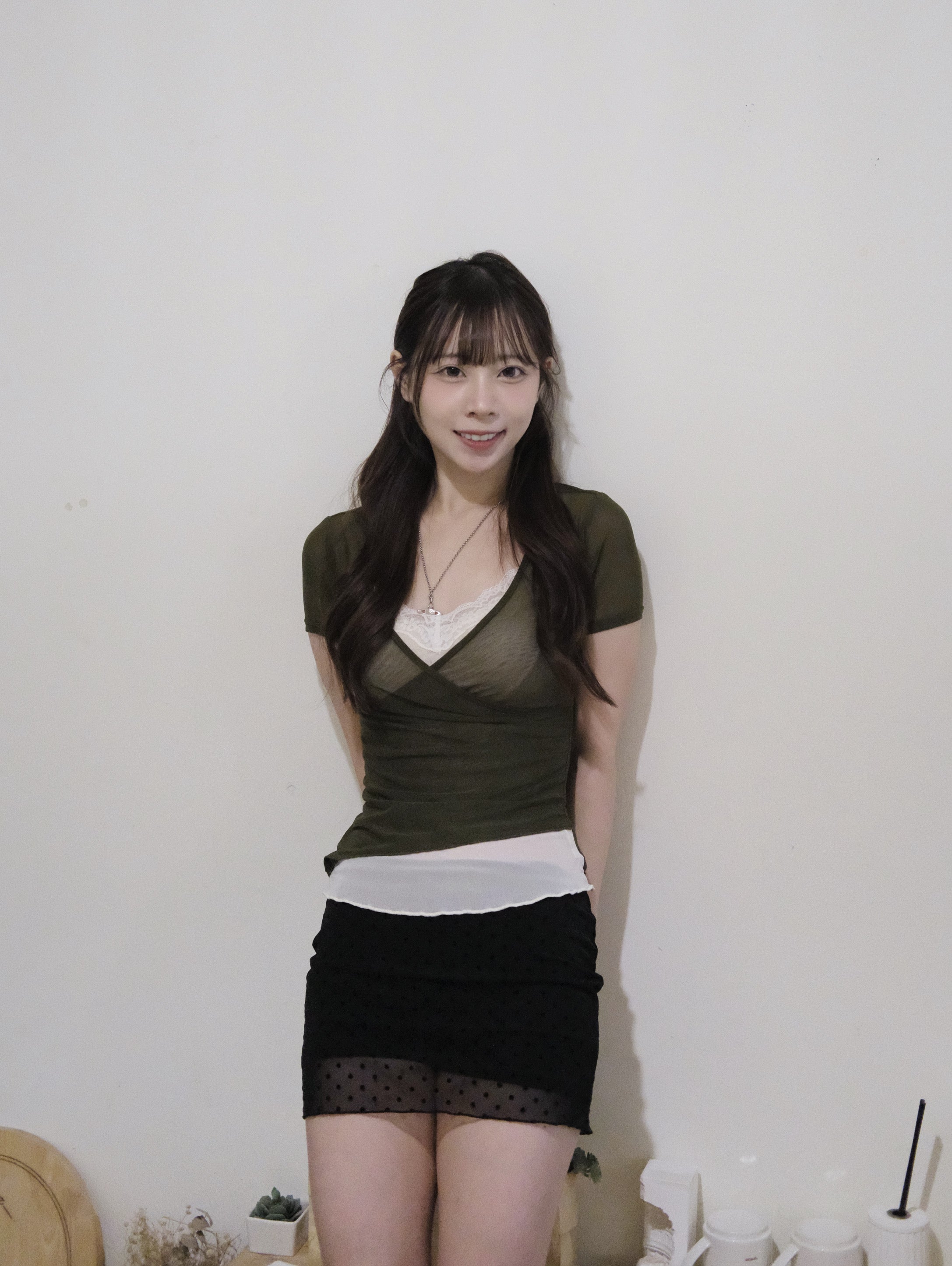 KR 雙層透感Lace邊 短袖Top
