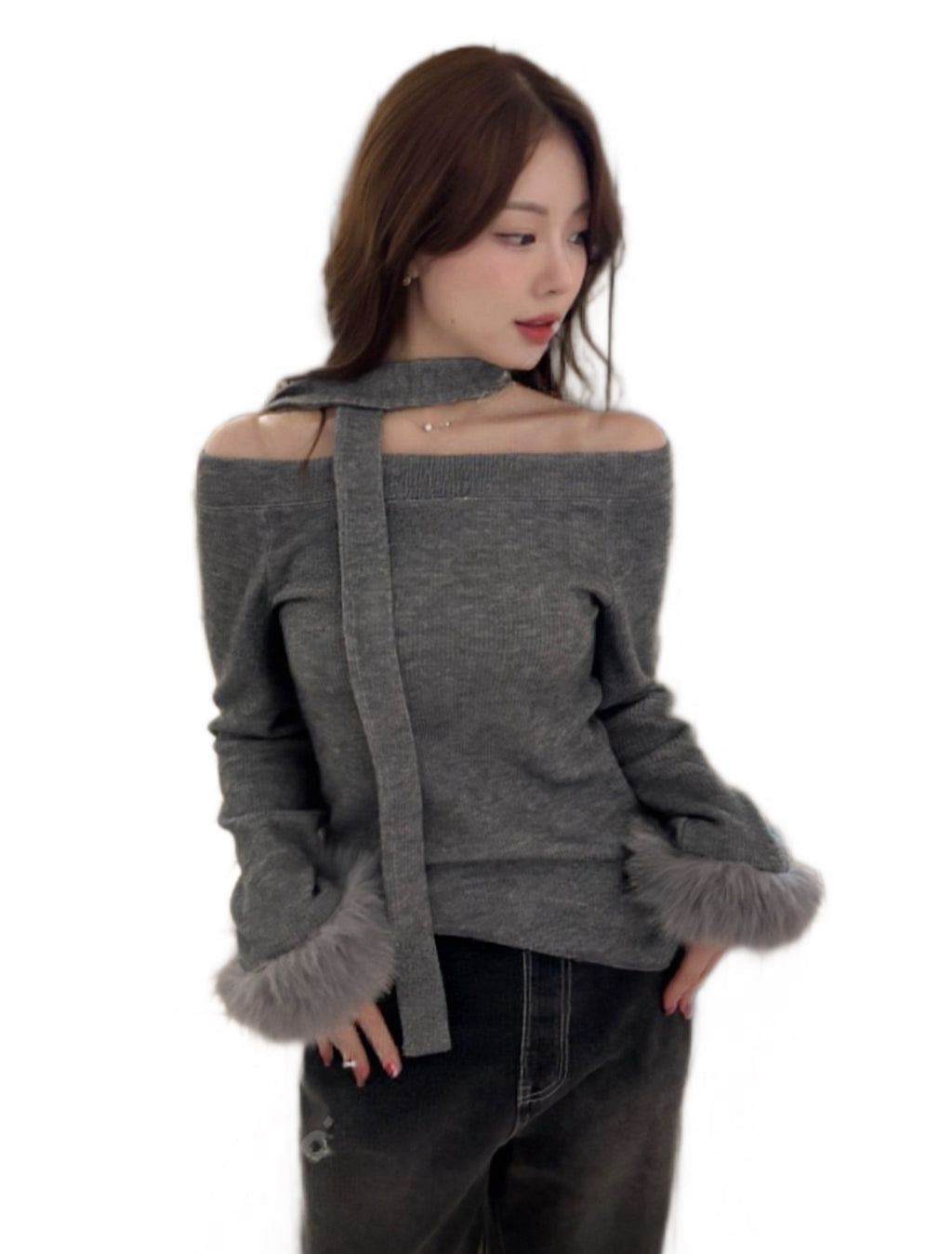 KR 毛毛䄂一字肩+小圍巾套裝