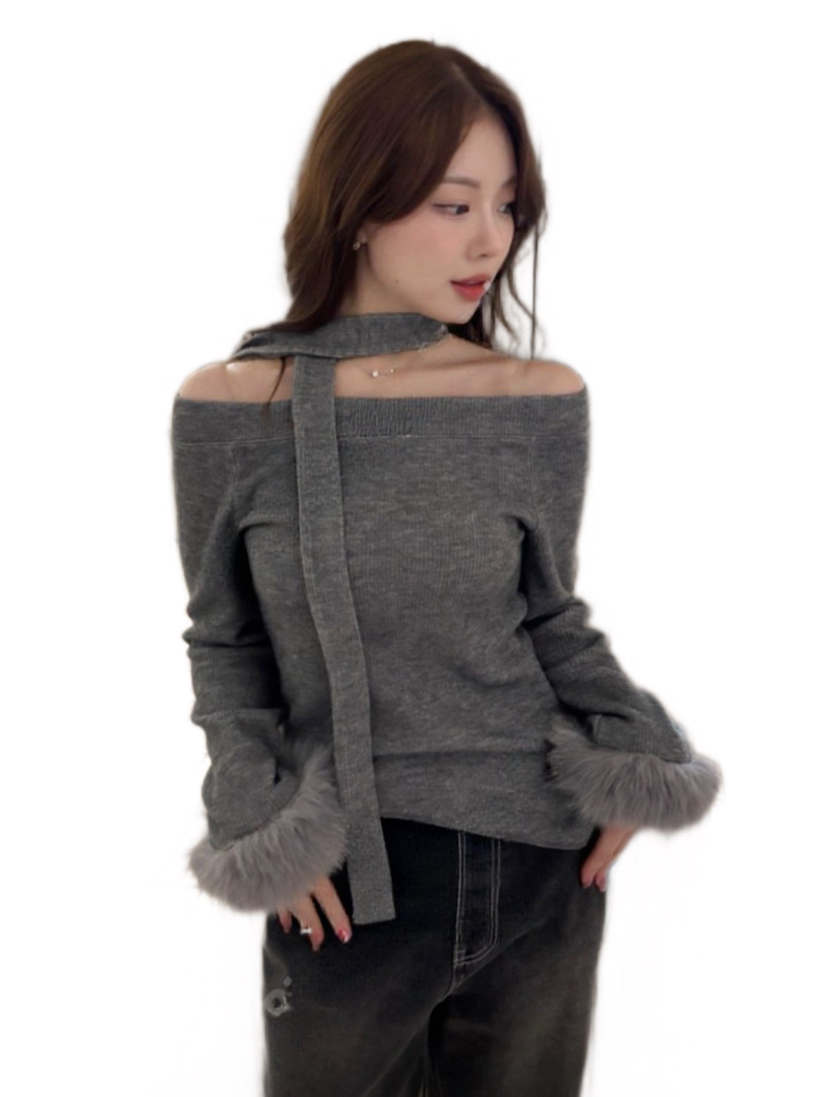 KR 毛毛䄂一字肩+小圍巾套裝