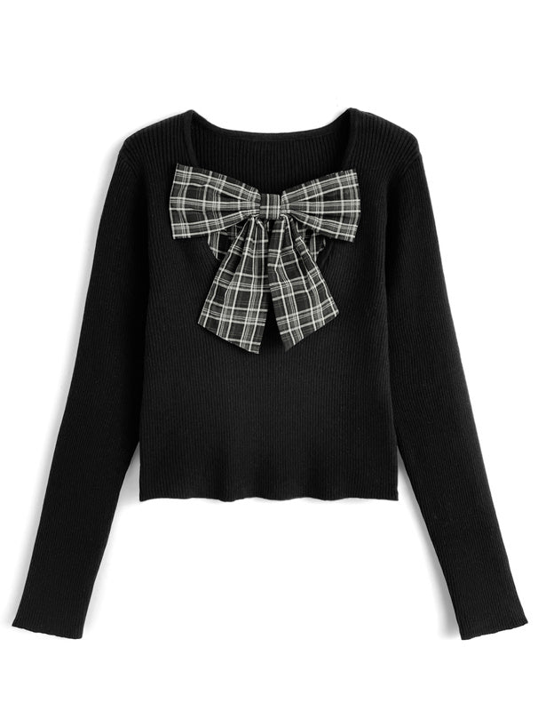 JP 校園風格紋蝴蝶結針織上衣