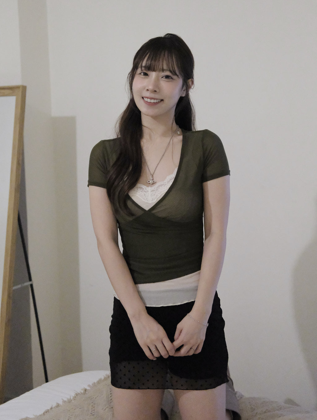KR 雙層透感Lace邊 短袖Top