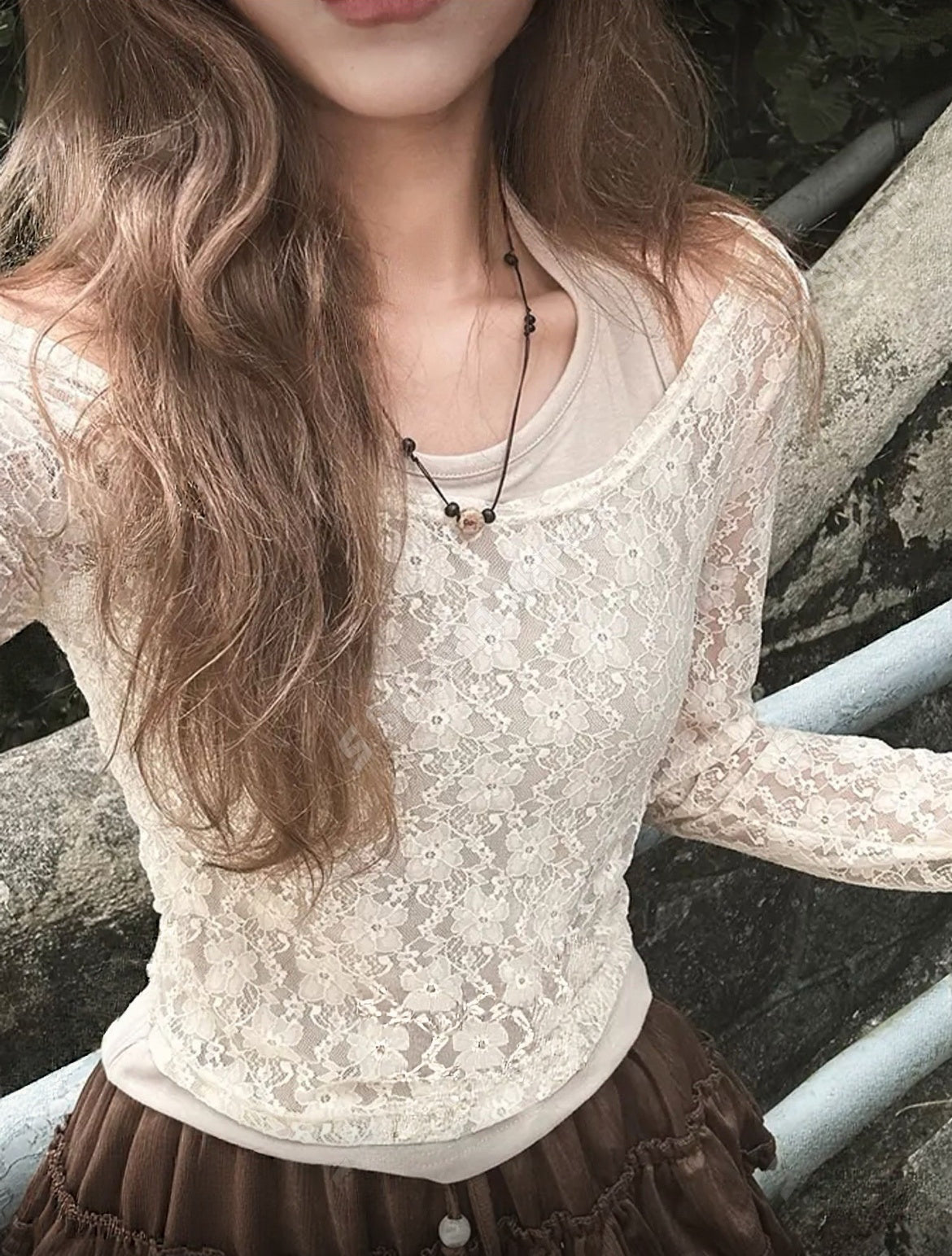 KR 秋季新款假兩件掛頸lace長袖上衣