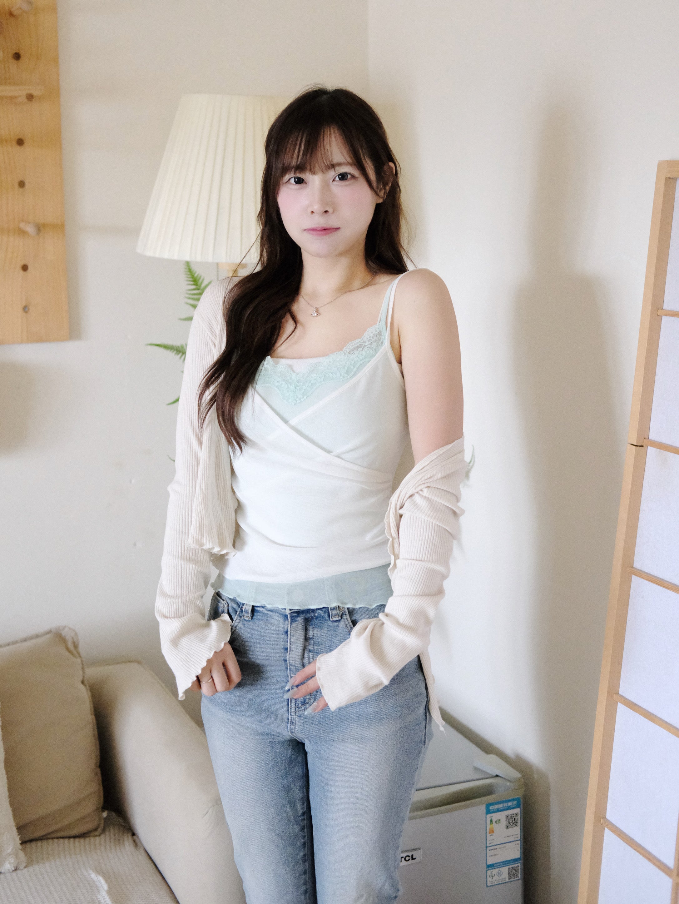 KR 雙層透感Lace邊吊帶背心