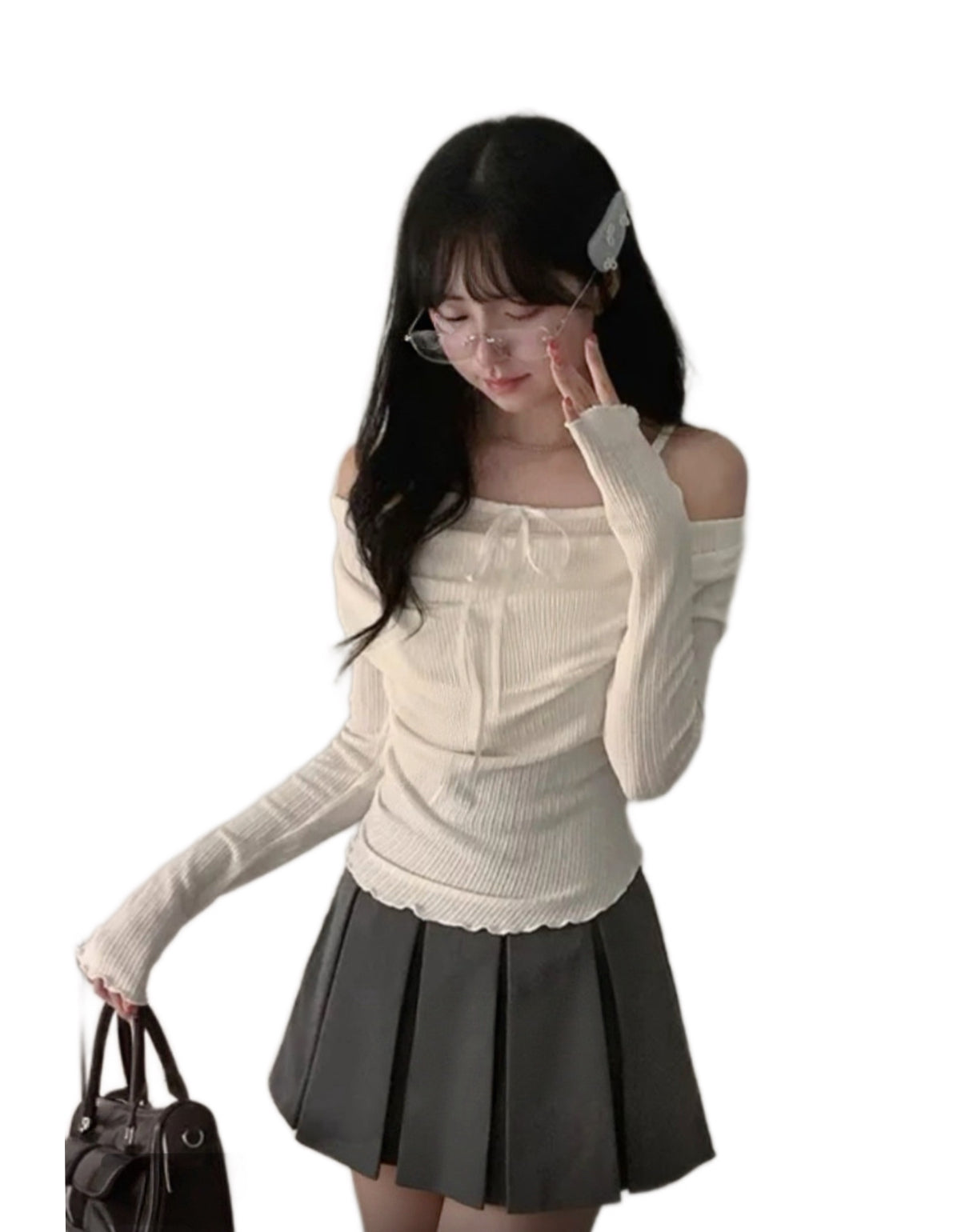 KR 蝴蝶結褶間假兩件針織上衣￼