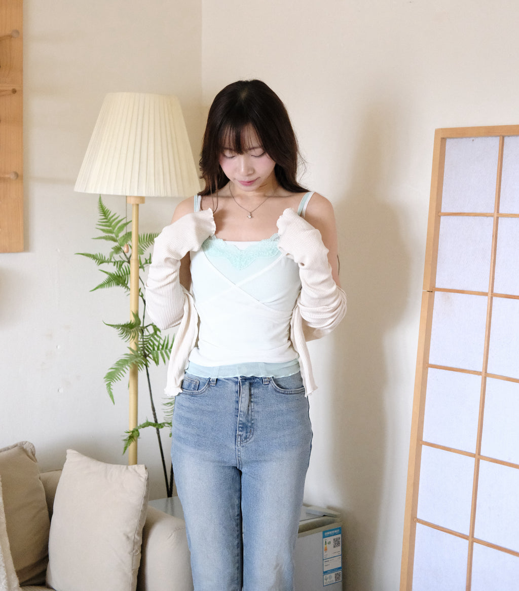 KR 雙層透感Lace邊吊帶背心