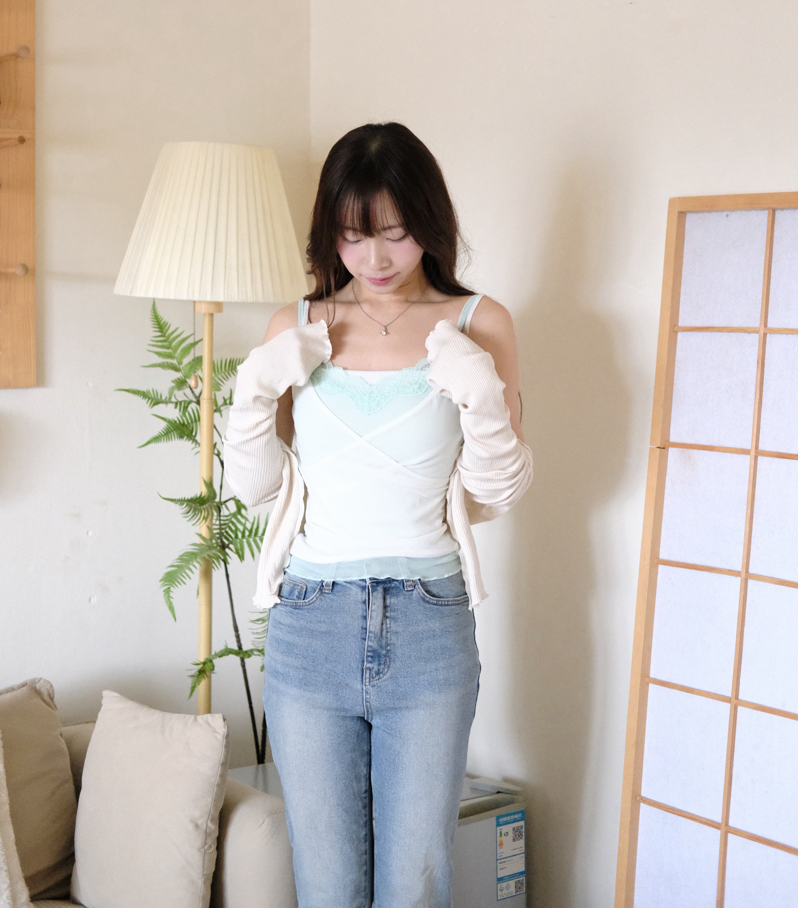 KR 雙層透感Lace邊吊帶背心