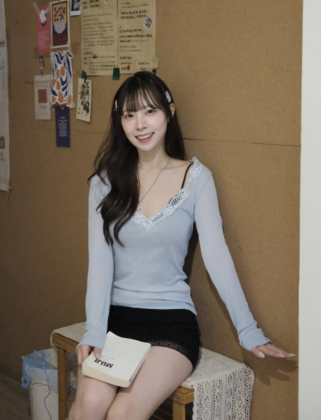 KR 26春裝新款透薄lace身長袖上衣