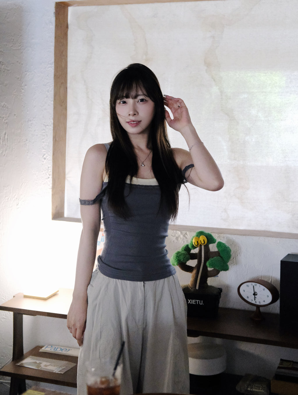 KR 蕾絲雙帶拼色假2件背心