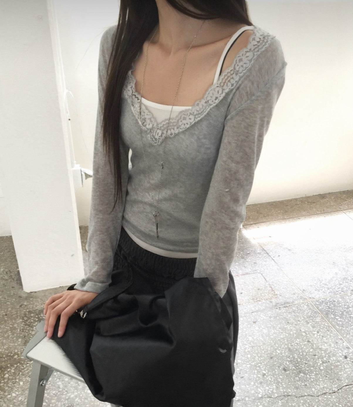 KR 26春裝新款透薄lace身長袖上衣