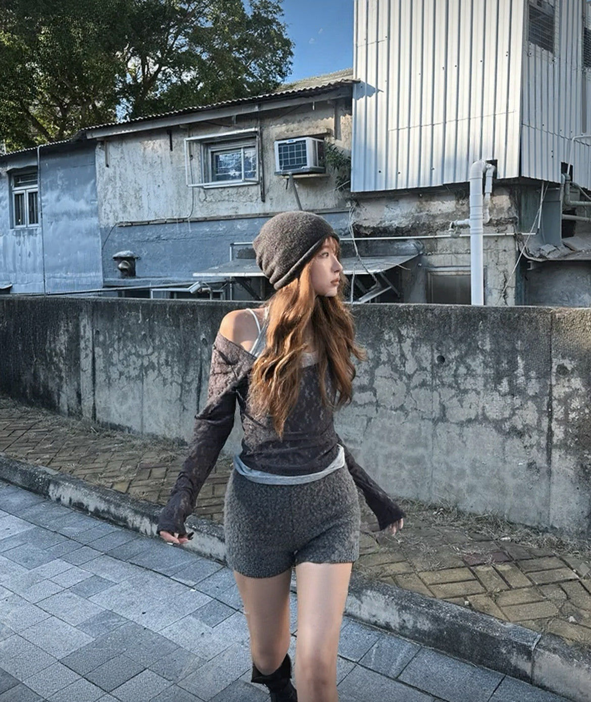 KR 秋季新款假兩件掛頸lace長袖上衣