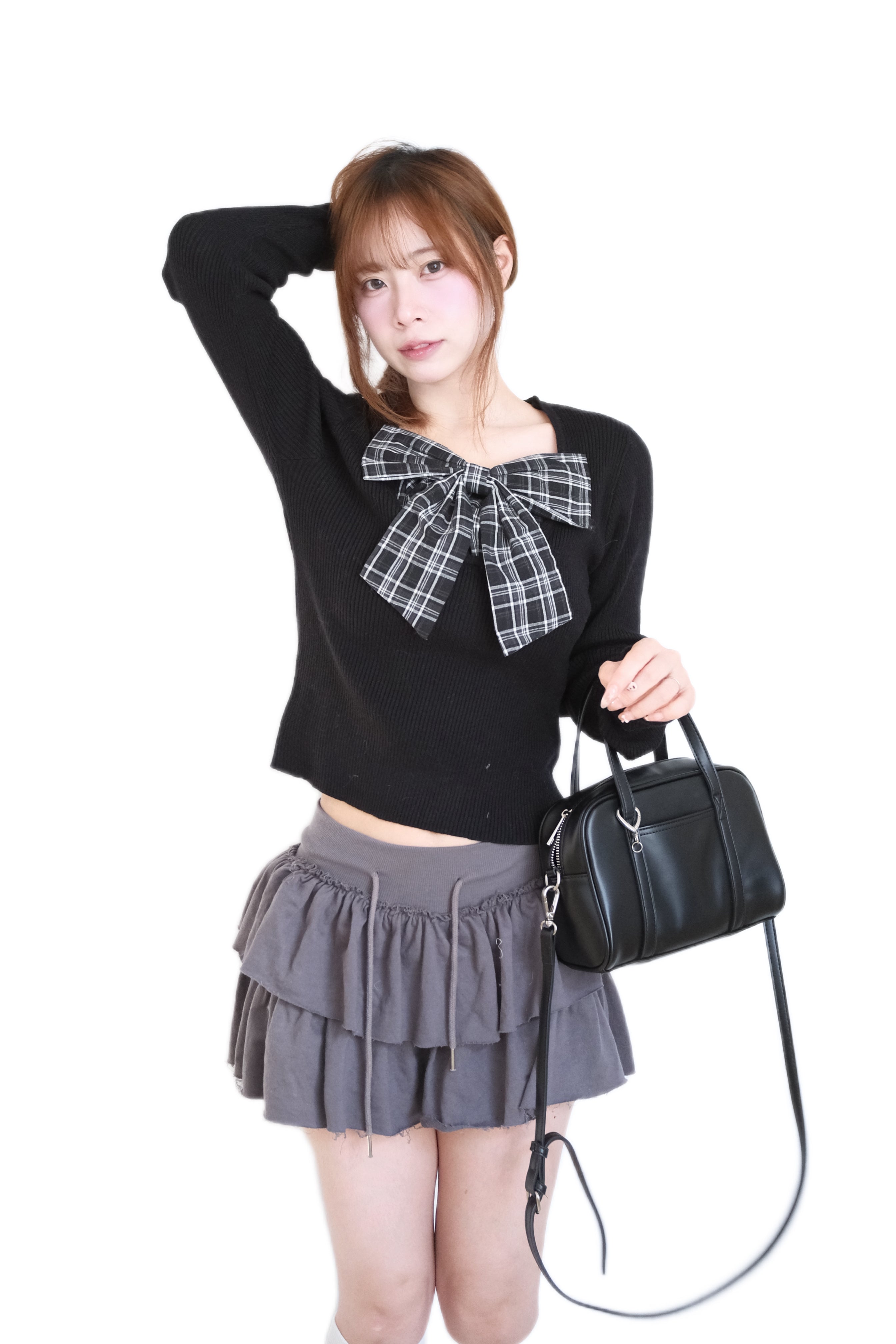 JP 校園風格紋蝴蝶結針織上衣