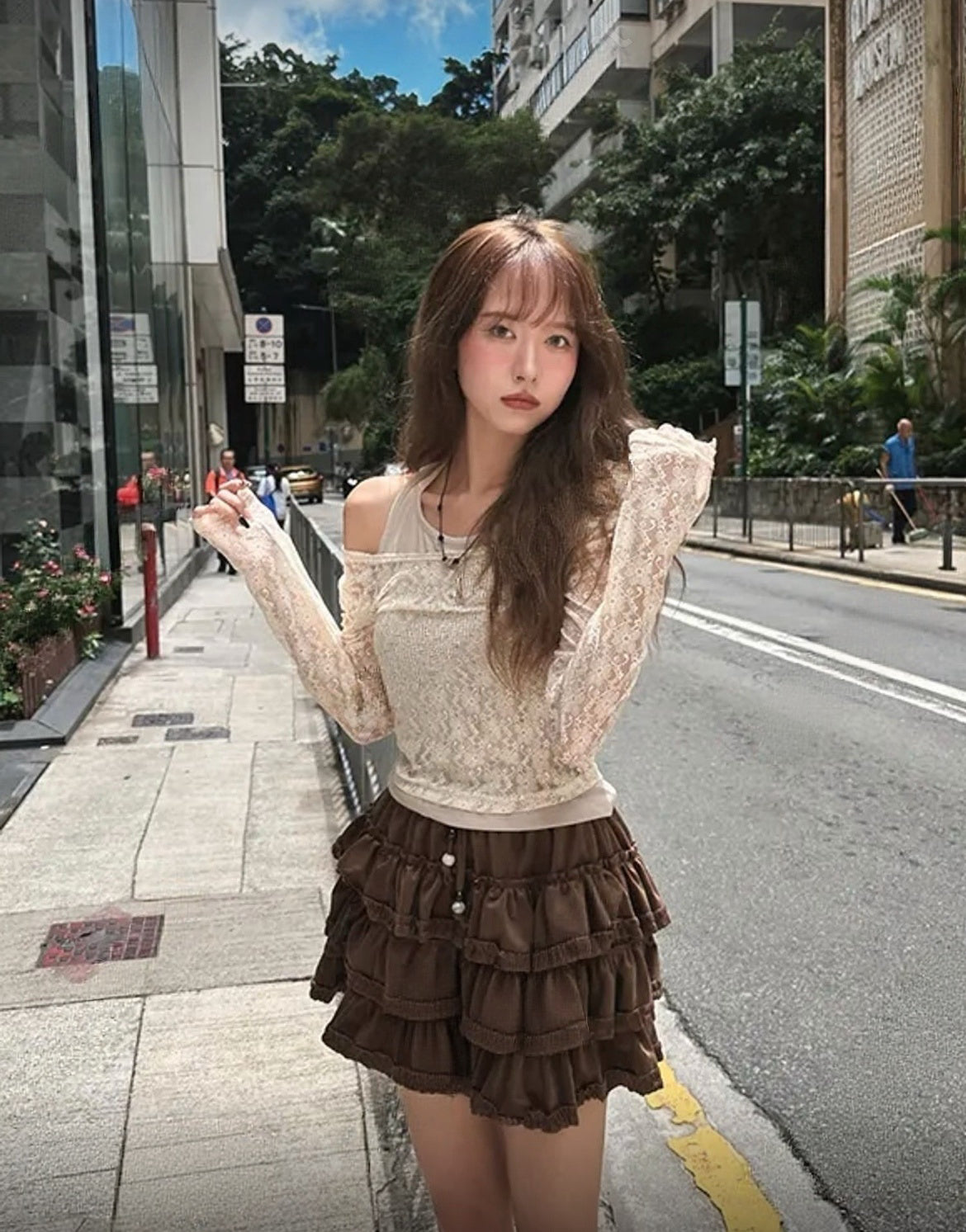 KR 秋季新款假兩件掛頸lace長袖上衣