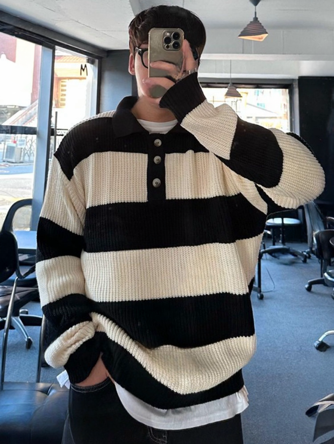 KR 粗冷針織間條鈕扣男女同款上衣