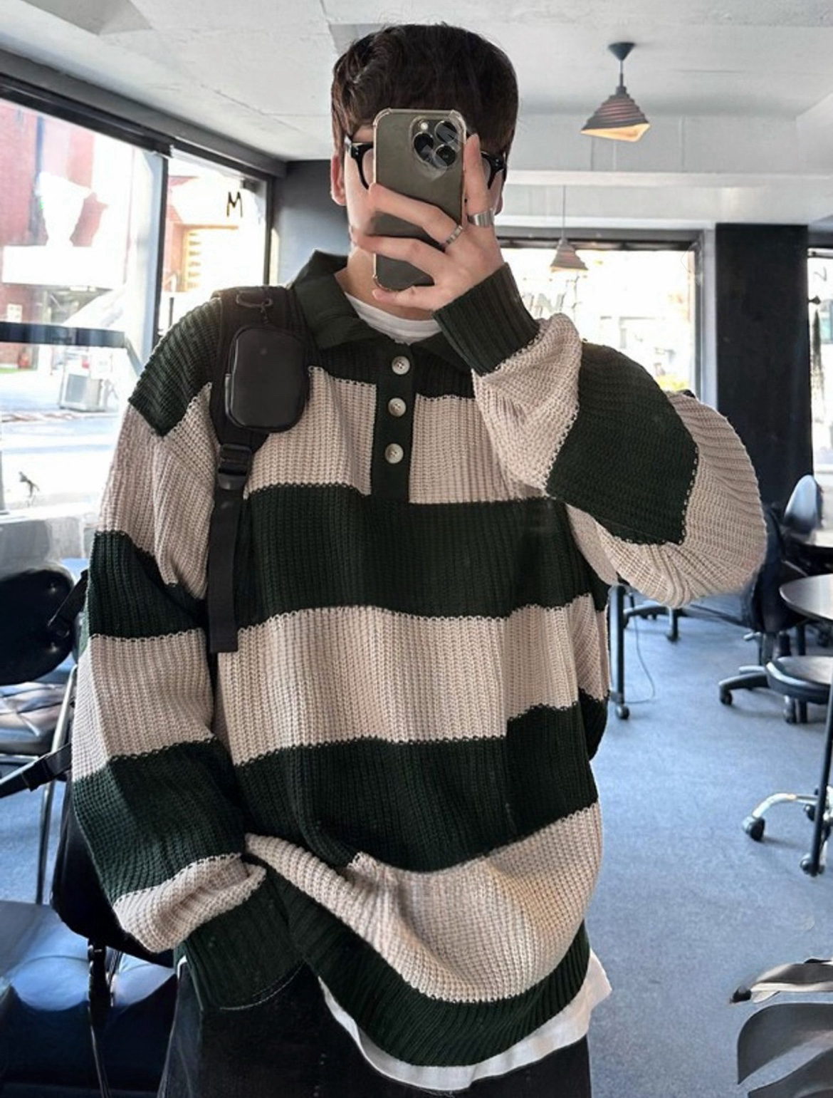 KR 粗冷針織間條鈕扣男女同款上衣