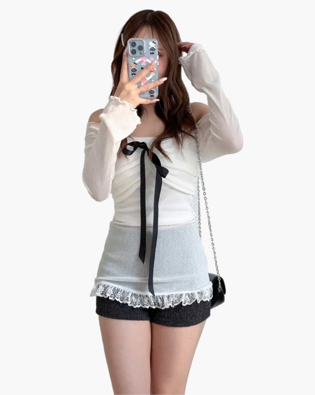 KR 情人節之選白色Lace透感一字肩