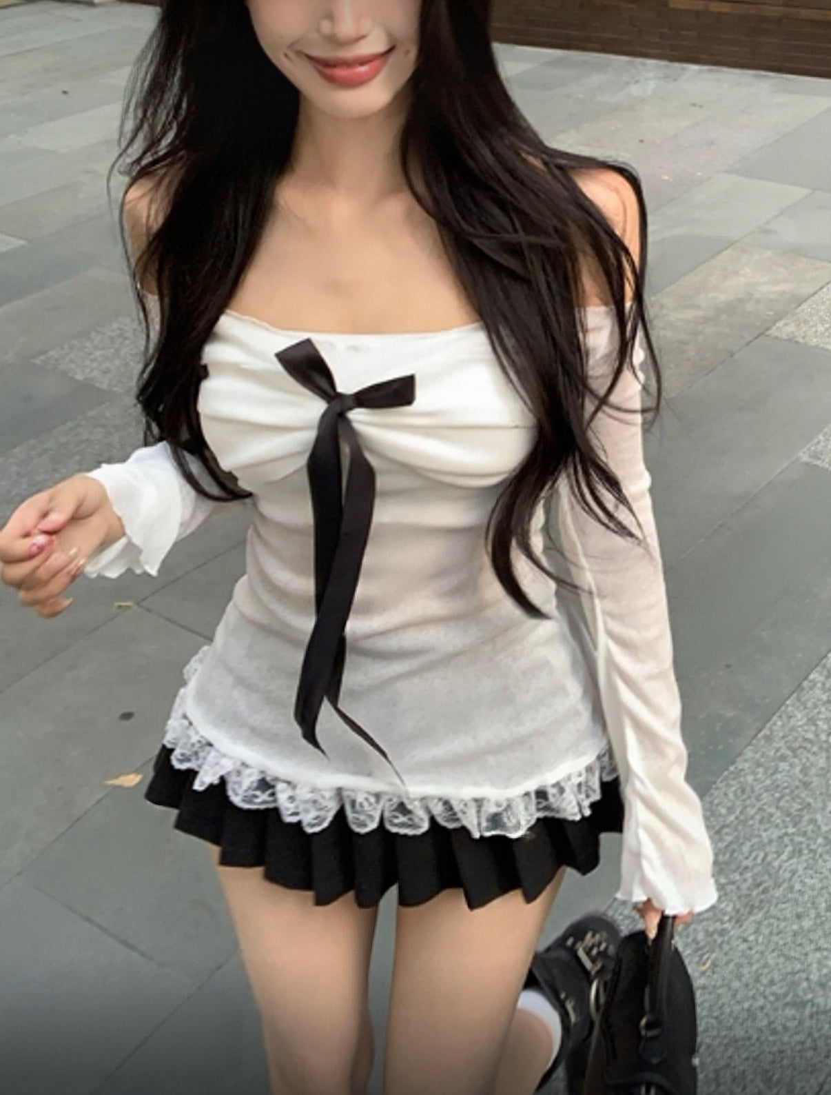 KR 情人節之選白色Lace透感一字肩