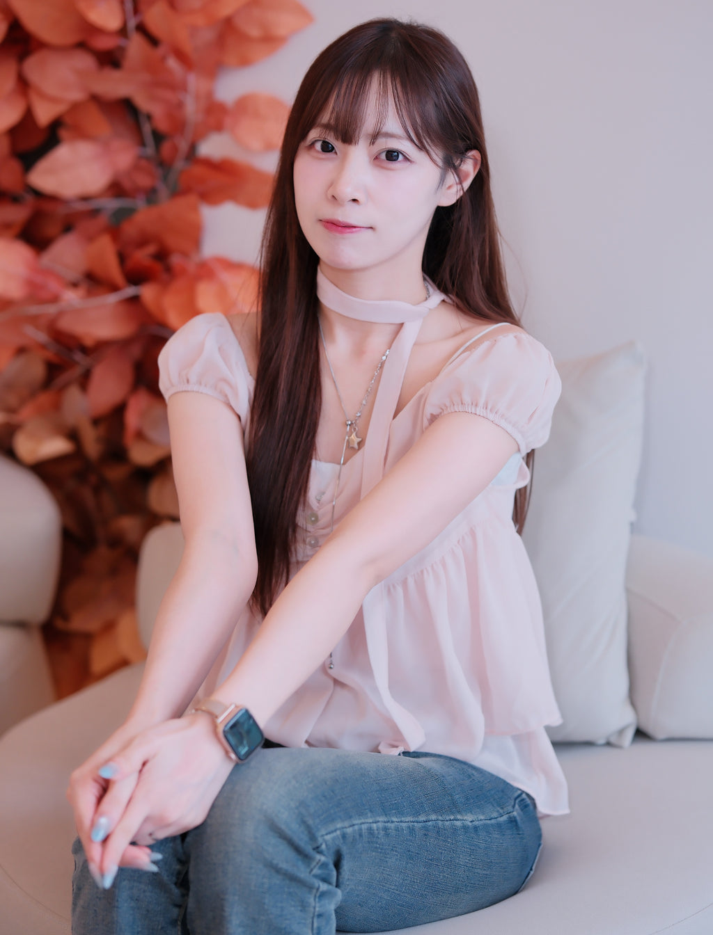 KR 仙氣雪紡排鈕小泡袖+圍巾 Set裝